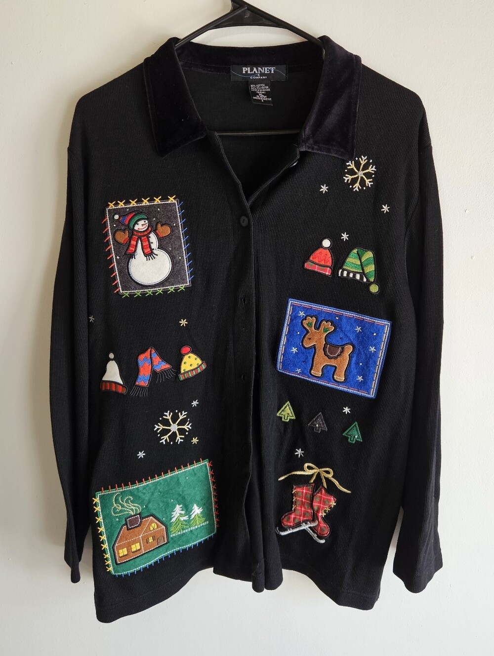 Planet & Company Vintage Ugly Christmas Cardigan Shirt Button Front Black XL